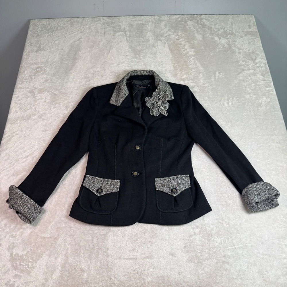 Luisa Spagnoli Black Virgin Wool Knit Blazer Jacket Herringbone Trim Flower M